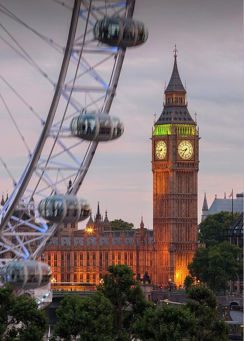 Estock Greeting Card featuring the digital art England, London, Great Britain, City Of Westminster, Big Ben And Part Of Millennium Wheel #1 by Massimo Ripani