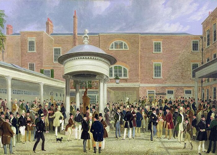19th Century Art Greeting Card featuring the painting Epsom Races - Settling Day at Tattersalls, from 1834-1835 by James Pollard