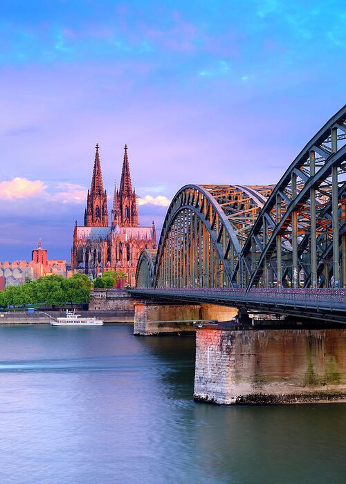 Estock Greeting Card featuring the digital art Germany, North Rhine-westphalia, Cologne, Koln, Rhine, View Over Cologne City Center With Cologne Cathedral And Hohenzollern Bridge Over The Rhine River #1 by Francesco Carovillano