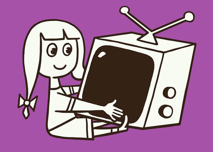 Antenna Greeting Card featuring the drawing Girl Holding a TV #1 by CSA Images