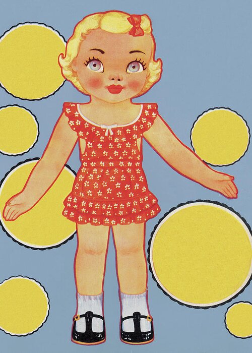 Blue Background Greeting Card featuring the drawing Girl with Bubbles #1 by CSA Images