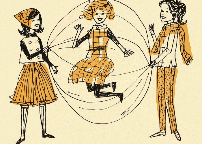 Activity Greeting Card featuring the drawing Girls Playing Double Dutch Jump Rope #1 by CSA Images