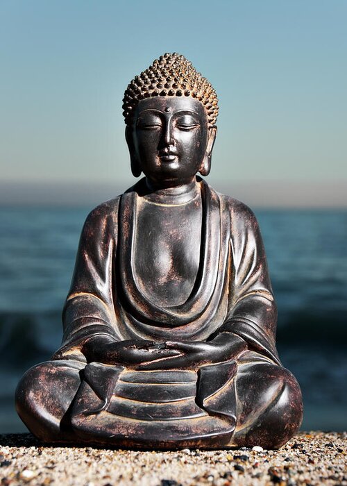 Water's Edge Greeting Card featuring the photograph Japanese Buddha Statue At Ocean Shore by Wesvandinter