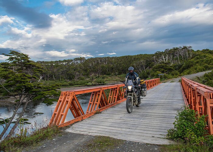 Argentina Greeting Card featuring the photograph Man On Off Road Touring Motorbike Crossing Wooden Bridge #1 by Cavan Images