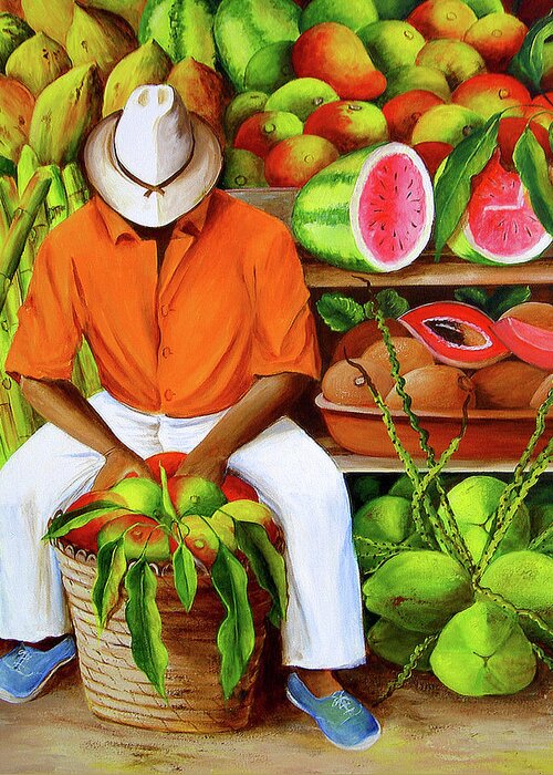 Tropical Greeting Card featuring the painting Manuel and his Fruit Stand by Dominica Alcantara