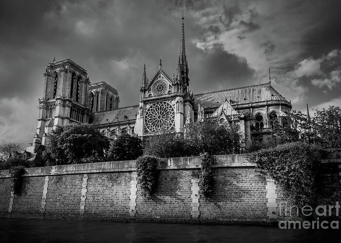 Black And White Greeting Card featuring the photograph Notre Dame at the Seine, Paris 2016 #1 by Liesl Walsh