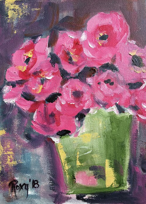 Roses Greeting Card featuring the painting Pink Roses in a Green Bucket #1 by Roxy Rich
