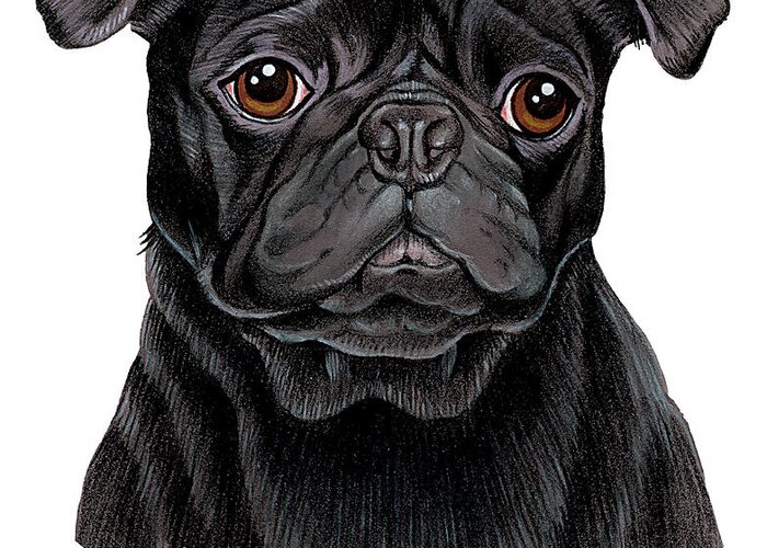 Pug Black Greeting Card featuring the mixed media Pug Black #1 by Tomoyo Pitcher