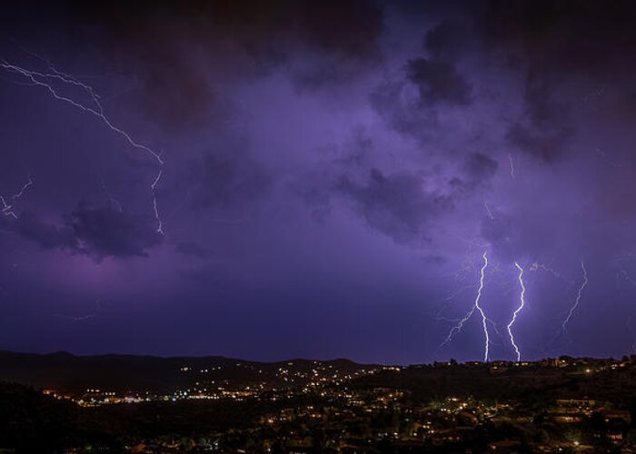Lightning Greeting Card featuring the photograph Purple Skies #1 by Aaron Burrows