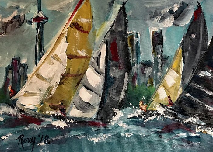 Harbor Greeting Card featuring the painting Racing Day by Roxy Rich