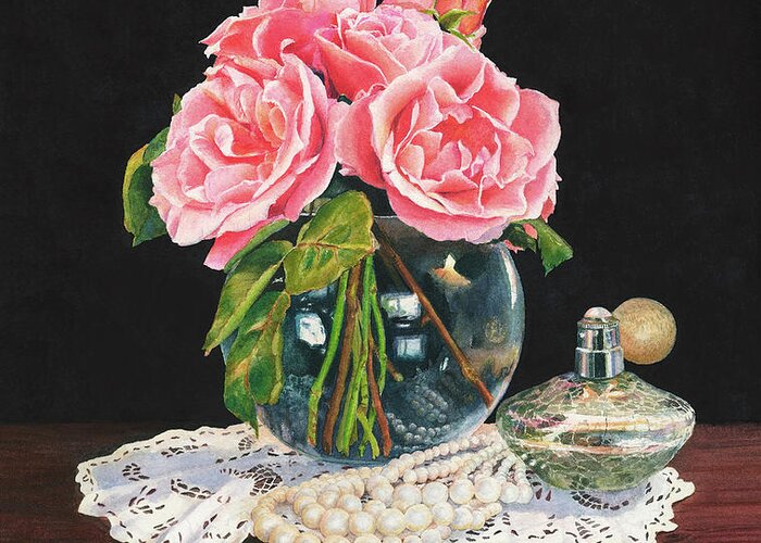 Roses Greeting Card featuring the painting Roses, Perfume And Lace by Mary Irwin