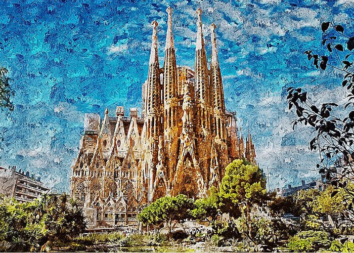Sagrada Familia Greeting Card featuring the painting Sagrada Familia - 28 #1 by AM FineArtPrints
