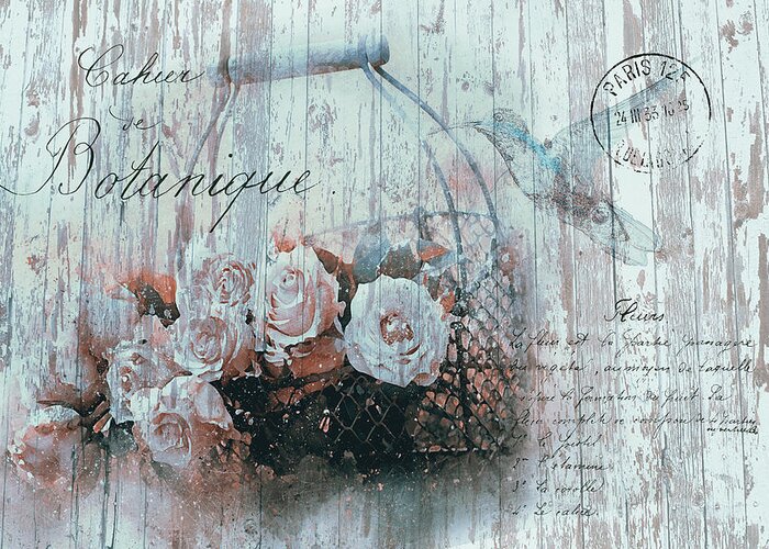 Vintage Greeting Card featuring the photograph Shabby Chic Basket Of Pink Roses #1 by Maria Angelica Maira