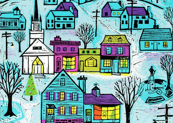 Architecture Greeting Card featuring the drawing Small Town Winter Scene #1 by CSA Images