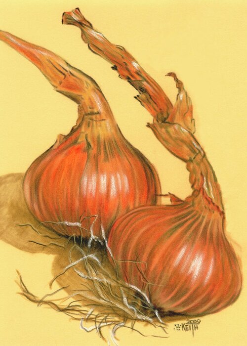 Two Spanish Onions Against A Yellow Background Greeting Card featuring the painting Spanish Onions #1 by Barbara Keith