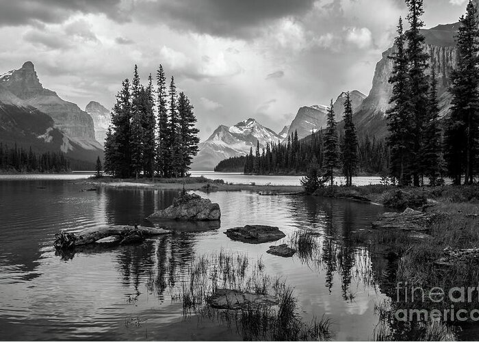Black And White Greeting Card featuring the photograph Spirit Island Canada by Chris Scroggins