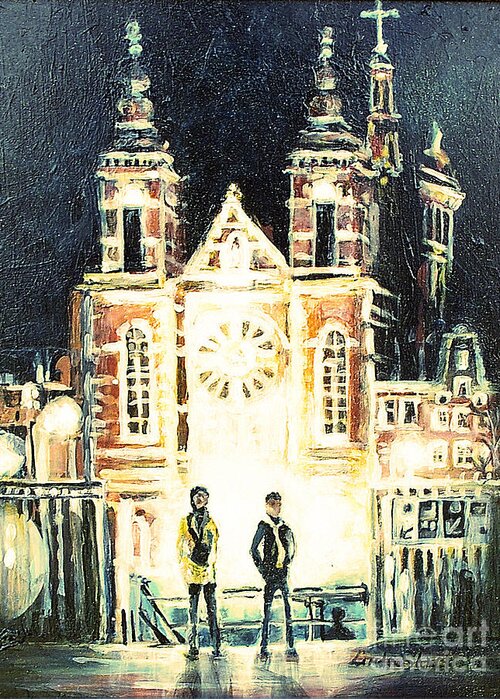 Night Scene Greeting Card featuring the painting St Nicolaaskerk Church by Linda Shackelford