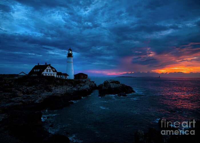 Lighthouse Greeting Card featuring the photograph Sunrise at Portland Head Light #1 by Diane Diederich