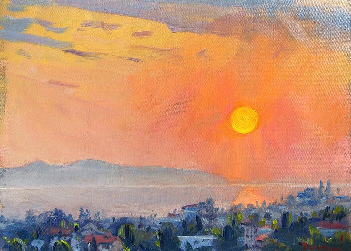 Sunrise Greeting Card featuring the painting Sunrise over Dilesi Athens #1 by Ylli Haruni