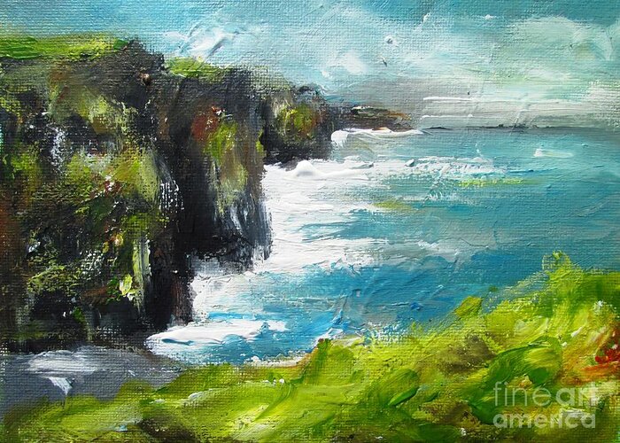 Moher Cliffs Greeting Card featuring the painting Painting Of The Cliffs Of Moher County Clare Ireland by Mary Cahalan Lee - aka PIXI