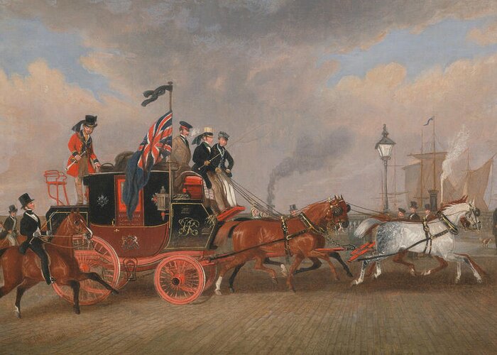 19th Century Art Greeting Card featuring the painting The Last of the Mail Coaches at Newcastle upon Tyne, from 1848 by James Pollard
