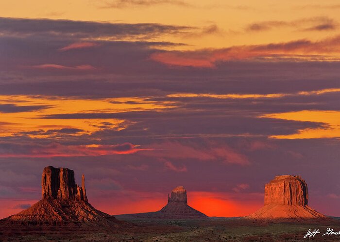 Arid Climate Greeting Card featuring the photograph The Mittens and Merrick Butte at Sunset by Jeff Goulden