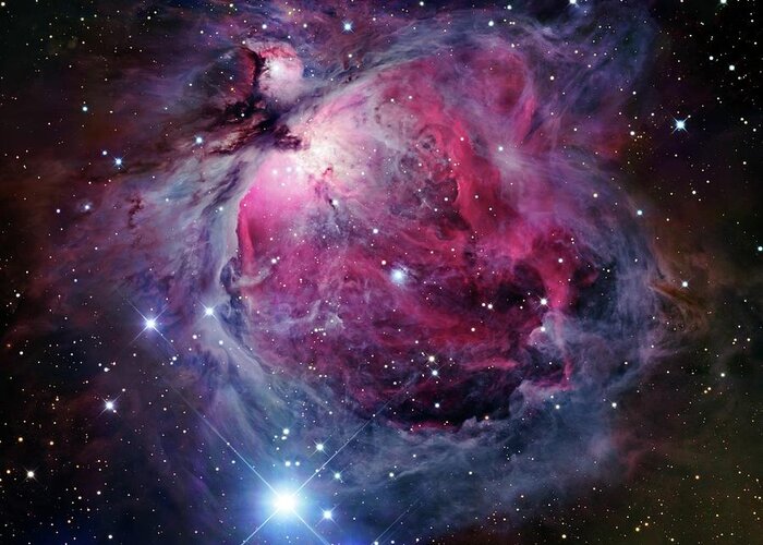 Purple Greeting Card featuring the photograph The Orion Nebula, Also Known As Messier #1 by Stocktrek Images