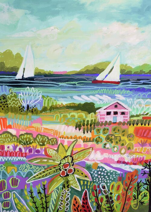 Coastal Greeting Card featuring the painting Two Sailboats And Cottage I #1 by Karen Fields