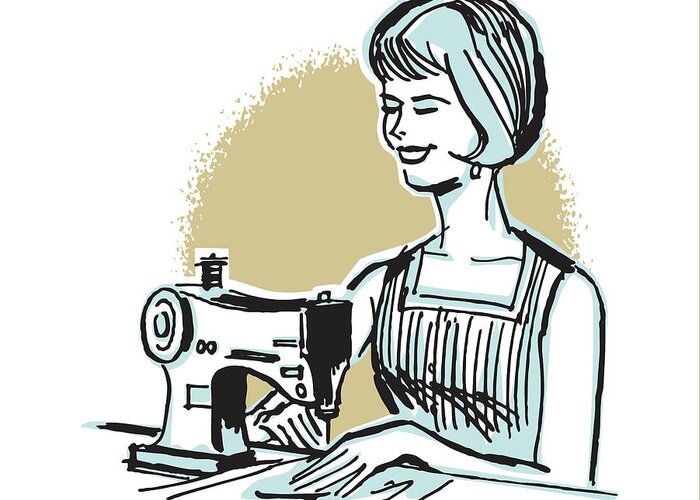 Adult Greeting Card featuring the drawing Woman Sewing at Sewing Machine #1 by CSA Images