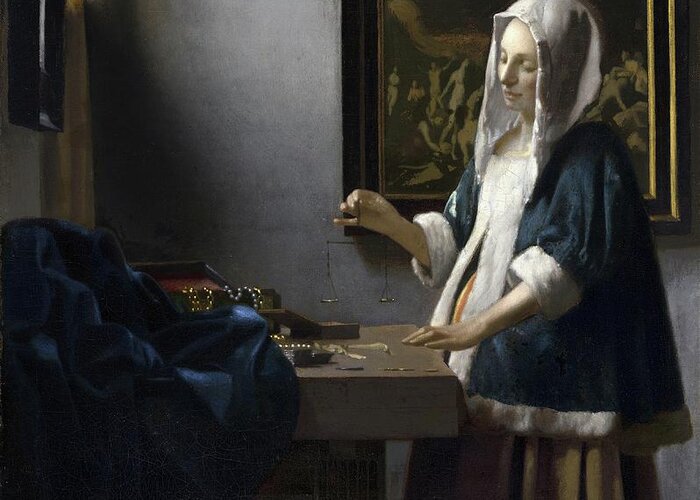 Figurative Greeting Card featuring the painting Woman Holding A Balance by Johannes Vermeer