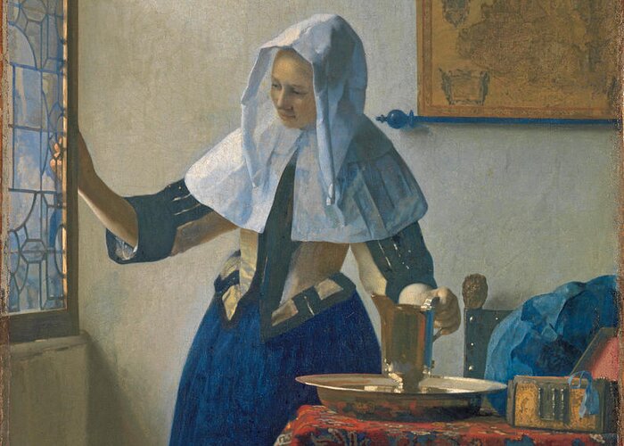 Johannes Vermeer Greeting Card featuring the painting Young Woman with a Water Pitcher #16 by Johannes Vermeer