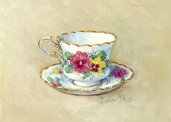 Pansy Teacup Greeting Card featuring the painting 1568 Pansy Teacup, Beige Bkg by Barbara Mock