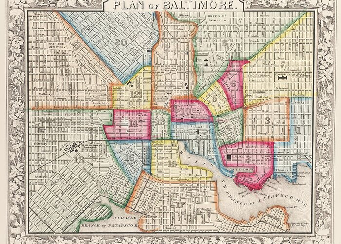 1860 Greeting Card featuring the digital art 1860 City Planner map of Baltimore Maryland by Toby McGuire