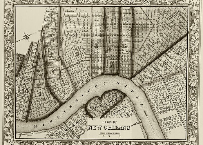 1860 Greeting Card featuring the digital art 1860 New Orleans City Plan Map Sepia by Toby McGuire