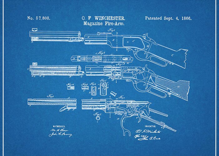 1866 Winchester Lever Action Rifle Patent Print Greeting Card featuring the drawing 1866 Winchester Lever Action Rifle Blueprint Patent Print by Greg Edwards