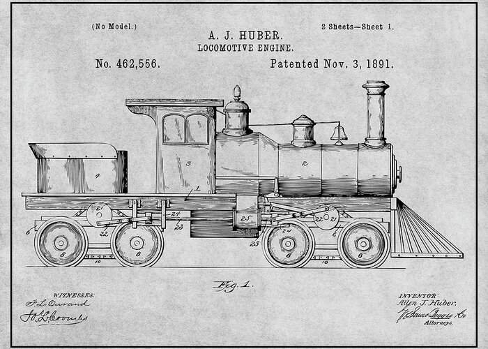1891 Huber Locomotive Engine Patent Print Greeting Card featuring the drawing 1891 Huber Locomotive Engine Gray Patent Print by Greg Edwards