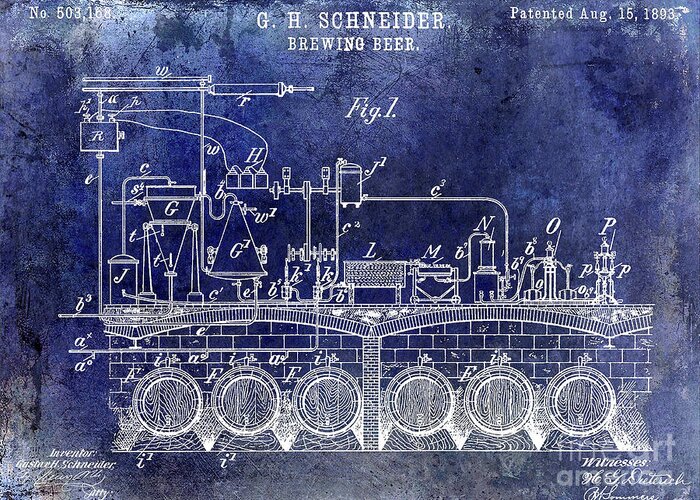 Beer Greeting Card featuring the photograph 1893 Brewing Beer Patent Blue by Jon Neidert