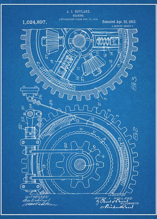 1910 Hovland Gear Patent Print Greeting Card featuring the drawing 1910 Hovland Gear Blueprint Patent Print by Greg Edwards