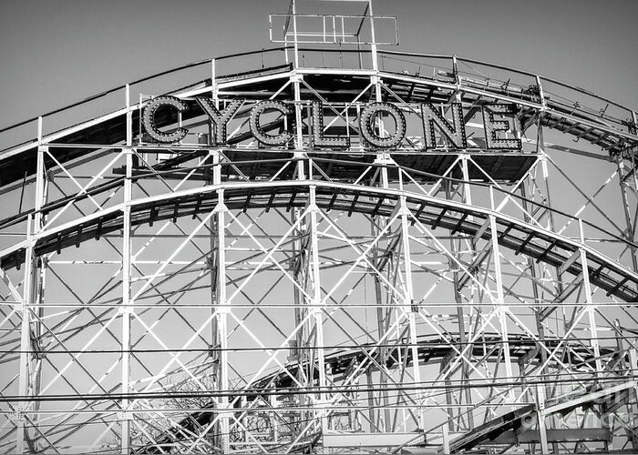 Ny Greeting Card featuring the photograph 1927 Wood Roller Coaster Coney Island BW Cyclone by Chuck Kuhn
