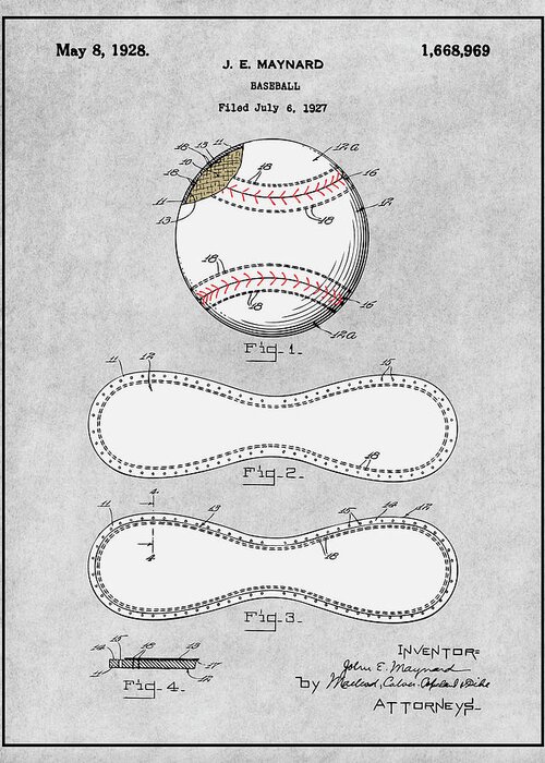1928 J. E. Maynard Baseball Colorized Patent Print Greeting Card featuring the drawing 1928 J. E. Maynard Baseball Colorized Patent Print Gray by Greg Edwards