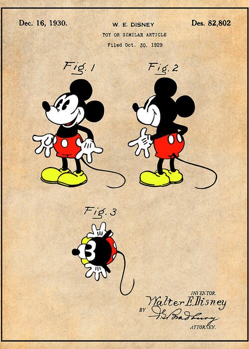 Walt Disney Greeting Card featuring the drawing 1930 Walt Disney Colorized Mickey Mouse Patent Print Antique Paper by Greg Edwards