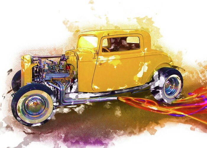 32 Ford Yellow Greeting Card featuring the digital art 1932 Ford Hotrod by Rick Wicker