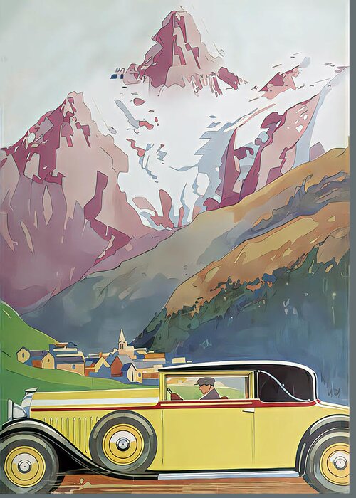 Vintage Greeting Card featuring the mixed media 1932 Lorraine Coupe With Driver In Alpine Setting Original French Art Deco Illustration by Retrographs