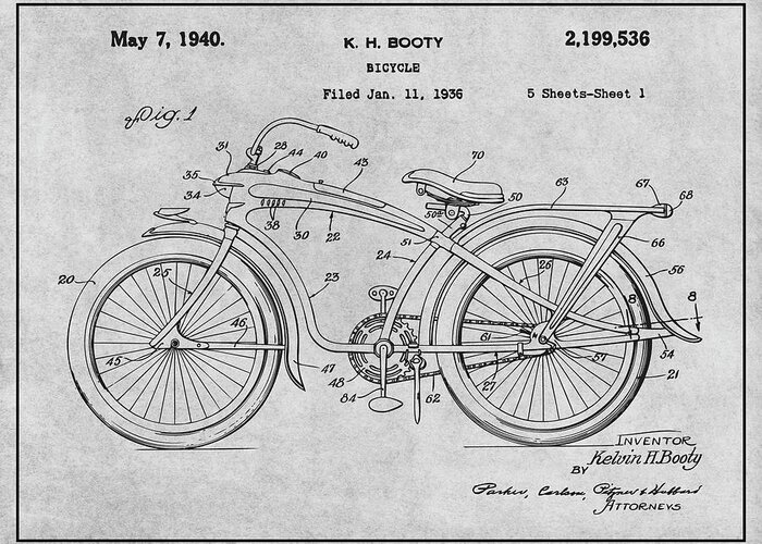 1936 Elgin Bluebird Bicycle Antique Paper Patent Print Greeting Card featuring the drawing 1936 Elgin Bluebird Bicycle Gray Patent Print by Greg Edwards