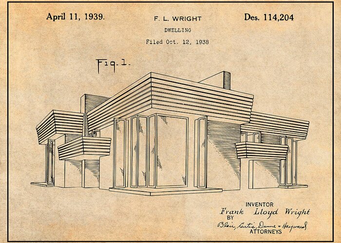 1938 Frank Lloyd Wright House Dwelling Patent Print Greeting Card featuring the drawing 1938 Frank Lloyd Wright House Dwelling Antique Paper Patent Print by Greg Edwards