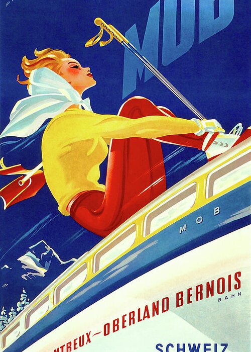 1940s Swiss Rail Ski Travel Poster Greeting Card featuring the mixed media 1940s Swiss Rail Ski Travel Poster by Vintage Lavoie