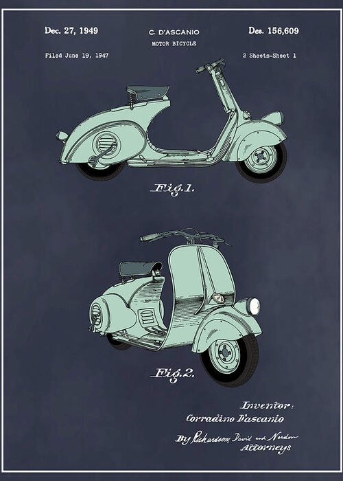 1947 Vespa 125 Motor Scooter Colorized Patent Print Greeting Card featuring the drawing 1947 Vespa 125 Motor Scooter Colorized Patent Print Blackboard by Greg Edwards