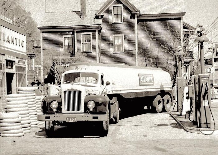 Transportation Greeting Card featuring the painting 1950s photo Atlantic GAS Station FUEL Truck car Pump Scene Fitchburg MA by Celestial Images