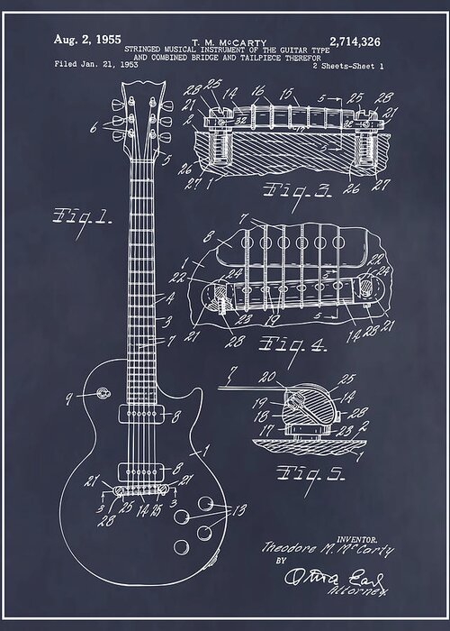 Gibson Greeting Card featuring the drawing 1955 Gibson Les Paul Guitar Patent Print Blackboard by Greg Edwards