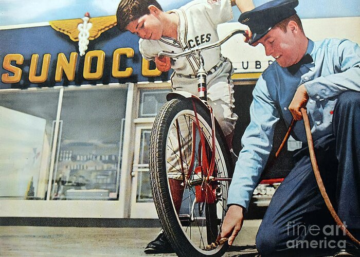 Vintage Greeting Card featuring the mixed media 1960s Advertisement For Sunoco With Attendant And Boy With Bicycle by Retrographs